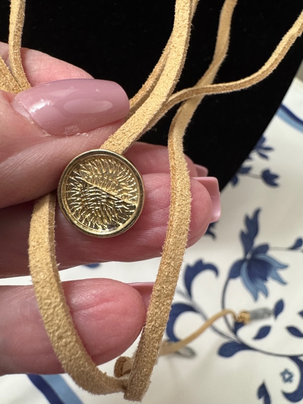 Tan Suede Lariat Necklace with Stone Accents - Picture 2 of 4